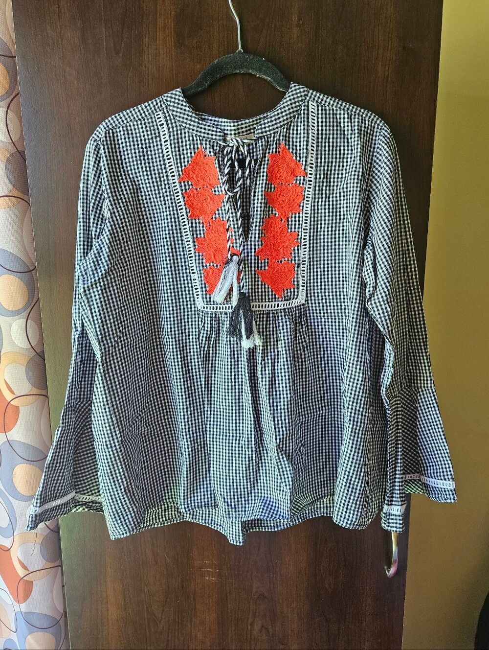 Studio West Black and White Gingham Top with Red Embroidery Size Large
